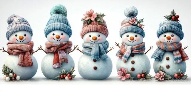 Five cheerful snowmen in knitted hats and scarves stand together with holly, berries, and small flowers.