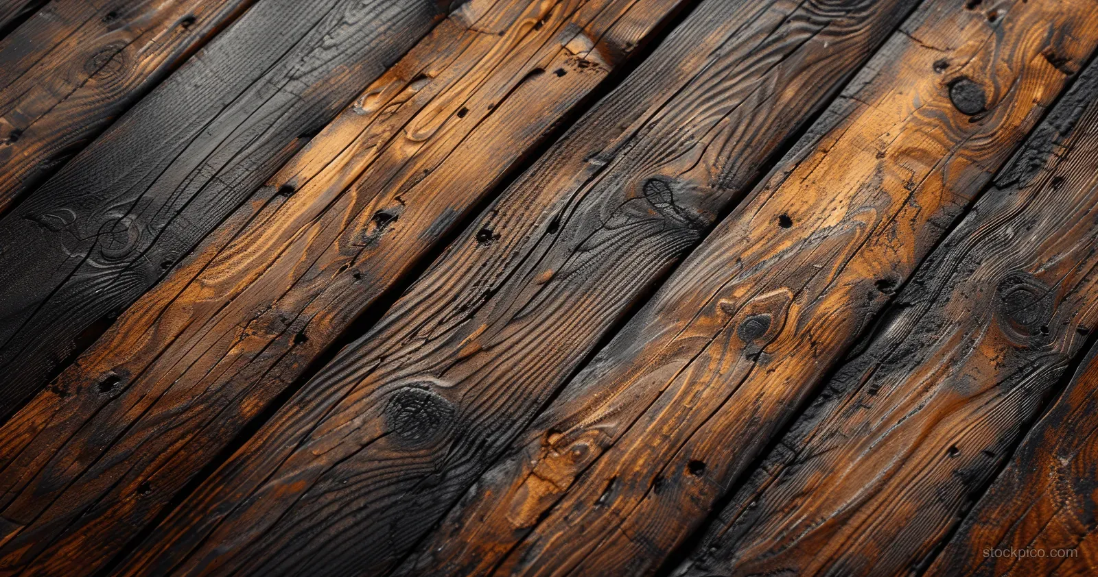 Close-up of weathered brown wooden planks with visible grain lines and dark stains.