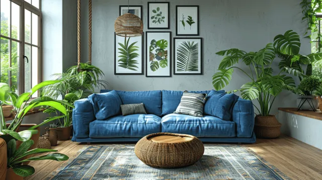 Scandinavian living room with blue sofa, wooden table, and mock poster frames by window