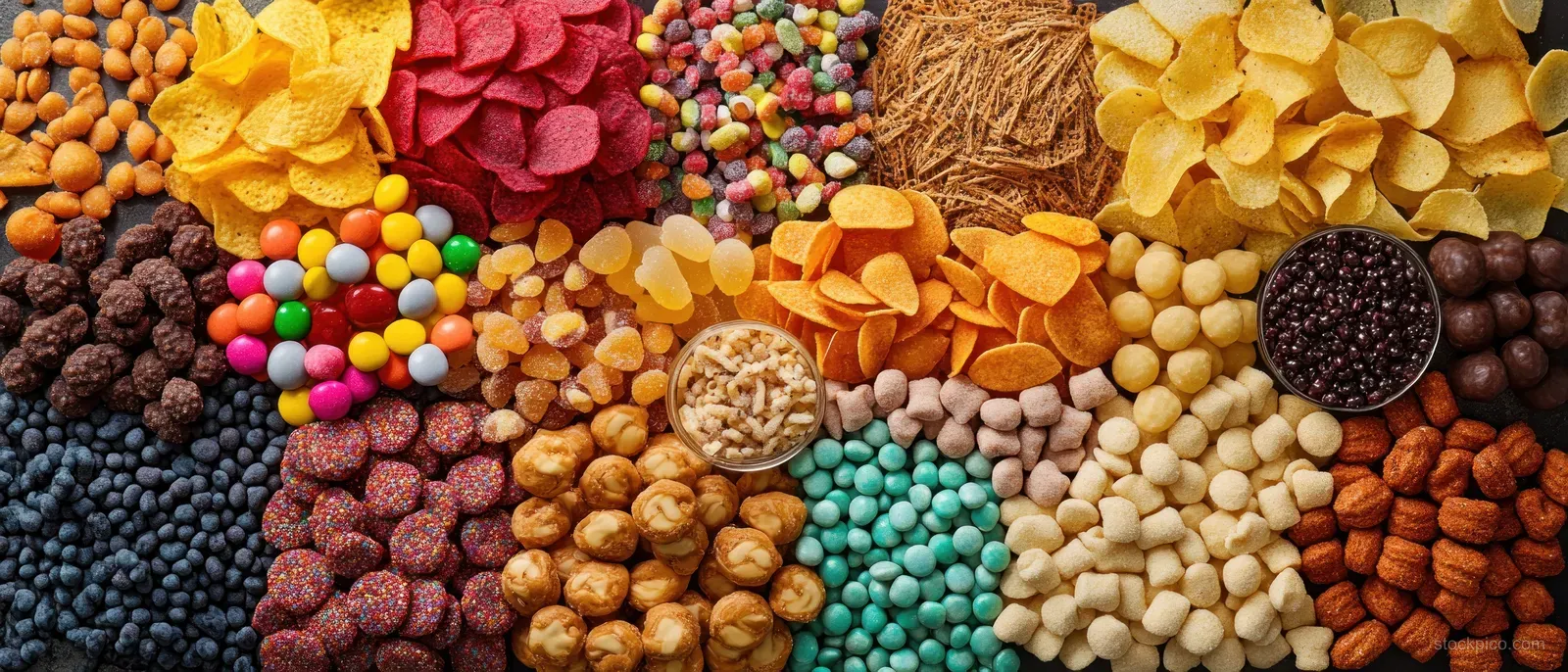 Top-down view of neatly arranged colorful snack mix with chips, nuts, candies, popcorn, and sprinkles.