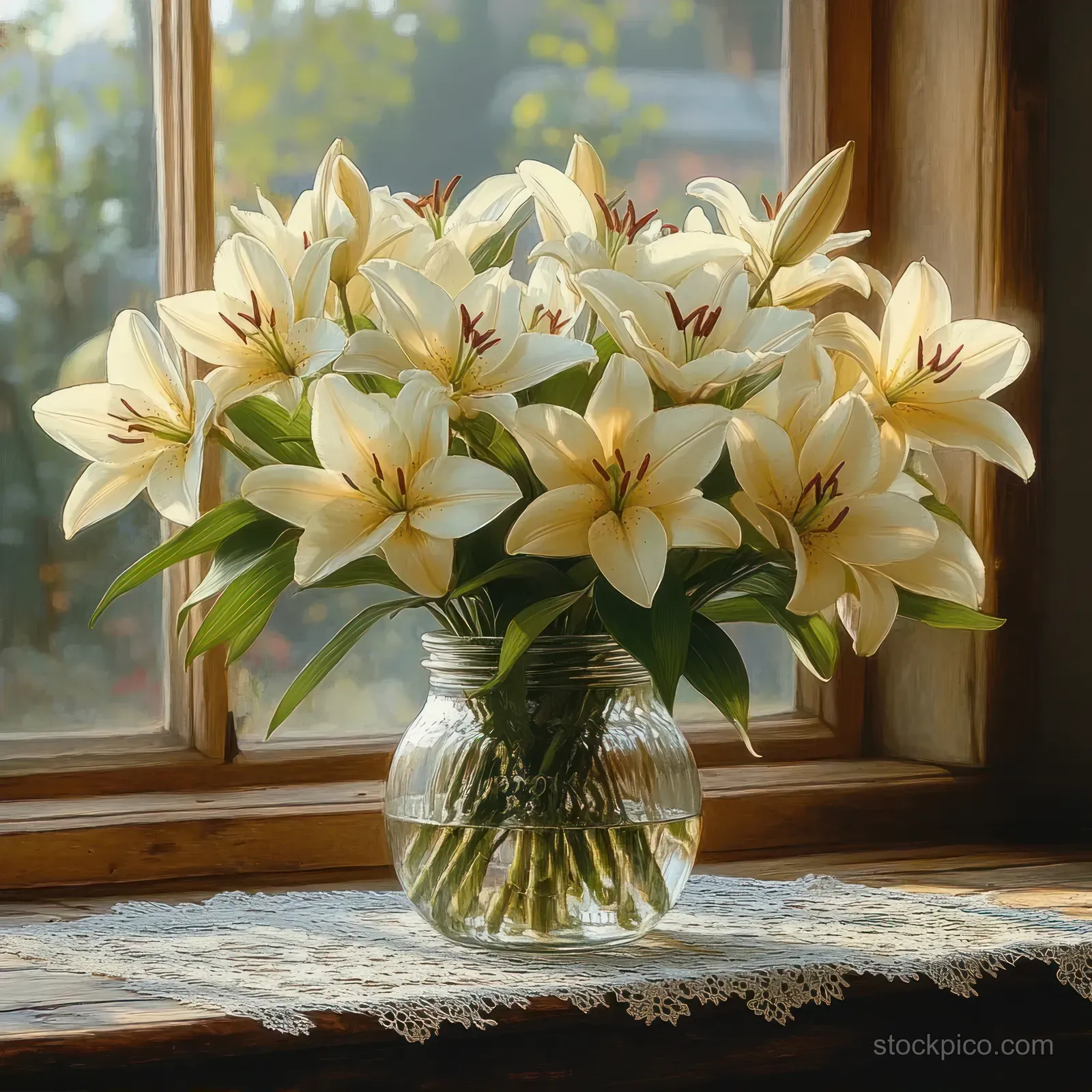 White lilies in a clear glass vase on a lace-covered wooden windowsill with soft daylight.