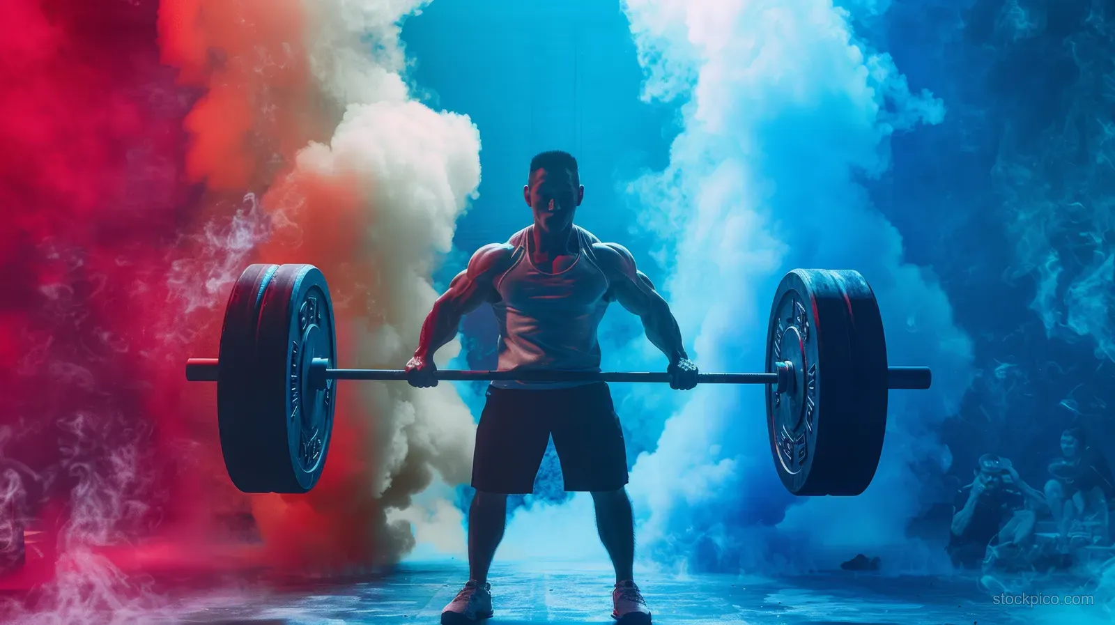 A male weightlifter hoists a barbell with red and blue smoke clouds behind him.