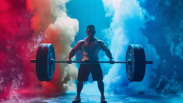 Chinese weightlifter in 81 kg class hoists a barbell amid colorful smoke lighting