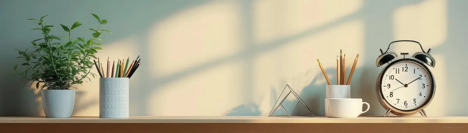 Minimalist desk with a green plant, filled pencil holders, white cup, and a vintage alarm clock casting soft shadows.
