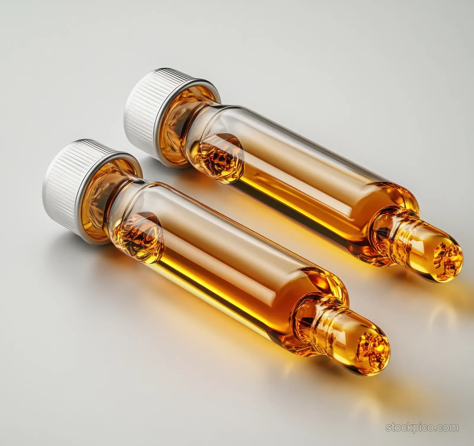 Two amber medical ampoules with silver caps lying on a clean gray surface with visible glossy reflections.
