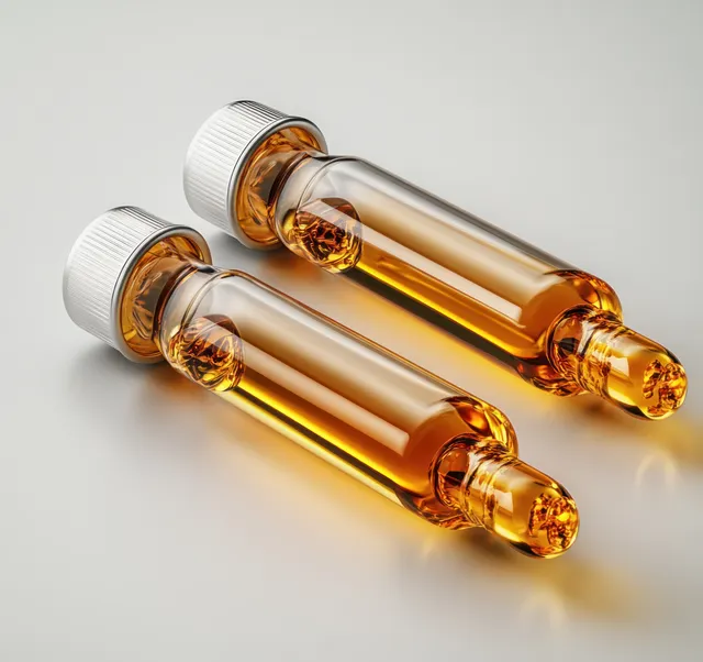 Two amber medical ampoules with silver caps lying on a clean gray surface with visible glossy reflections.