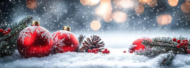 Red Christmas ornaments sit on snowy pine branches with drifting snow and soft glowing lights in the background.