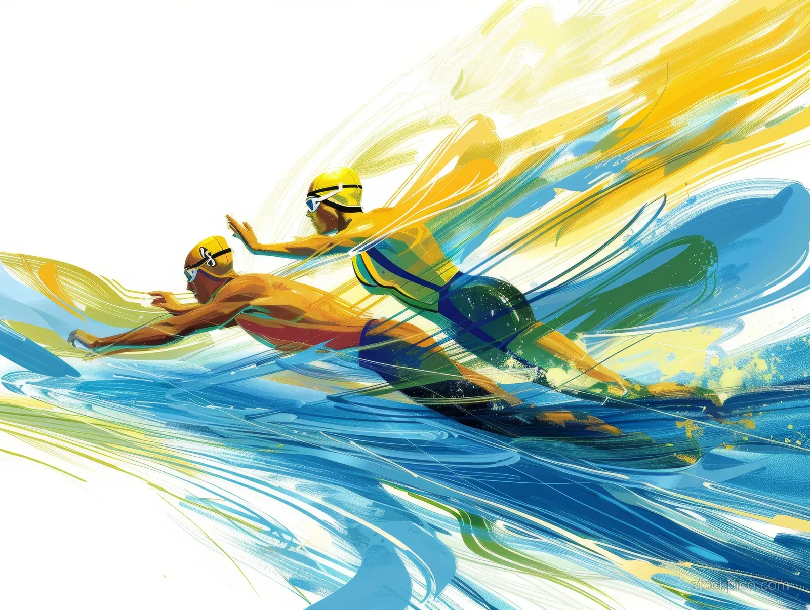 Illustrated women swimmers from Sweden race in a relay across swirling blue water with yellow motion streaks.
