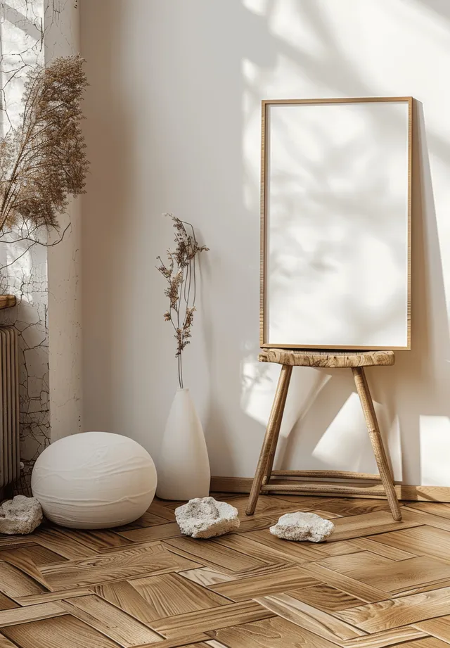 Wooden A4 poster frame leaning on stool beside dried plants and stones in bright minimalist room