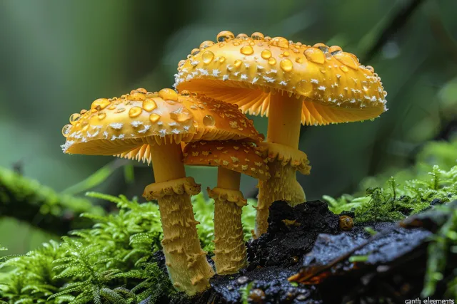 Rain-Dappled Chanterelle Mushrooms Rising from Mossy Forest Floor