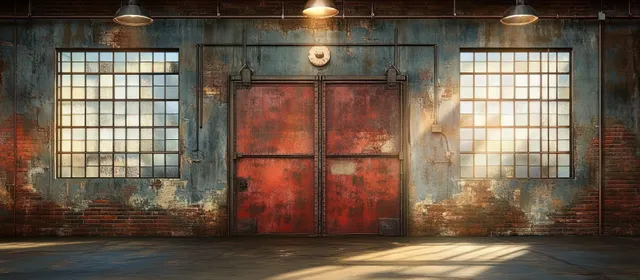 Empty warehouse interior with rusty red double doors and two dusty grid windows casting soft sunlight beams.