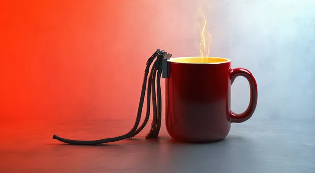 Red coffee mug with jumper cables sparks glowing like a power charge