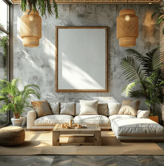 Blank wooden frame poster hangs above a beige sectional sofa in a boho living room with lanterns and plants.