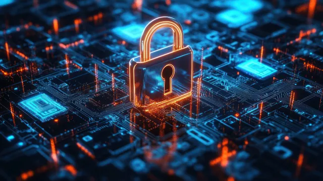 A glowing padlock sits on a neon network of city-like servers and circuit paths, implying cybersecurity protection.