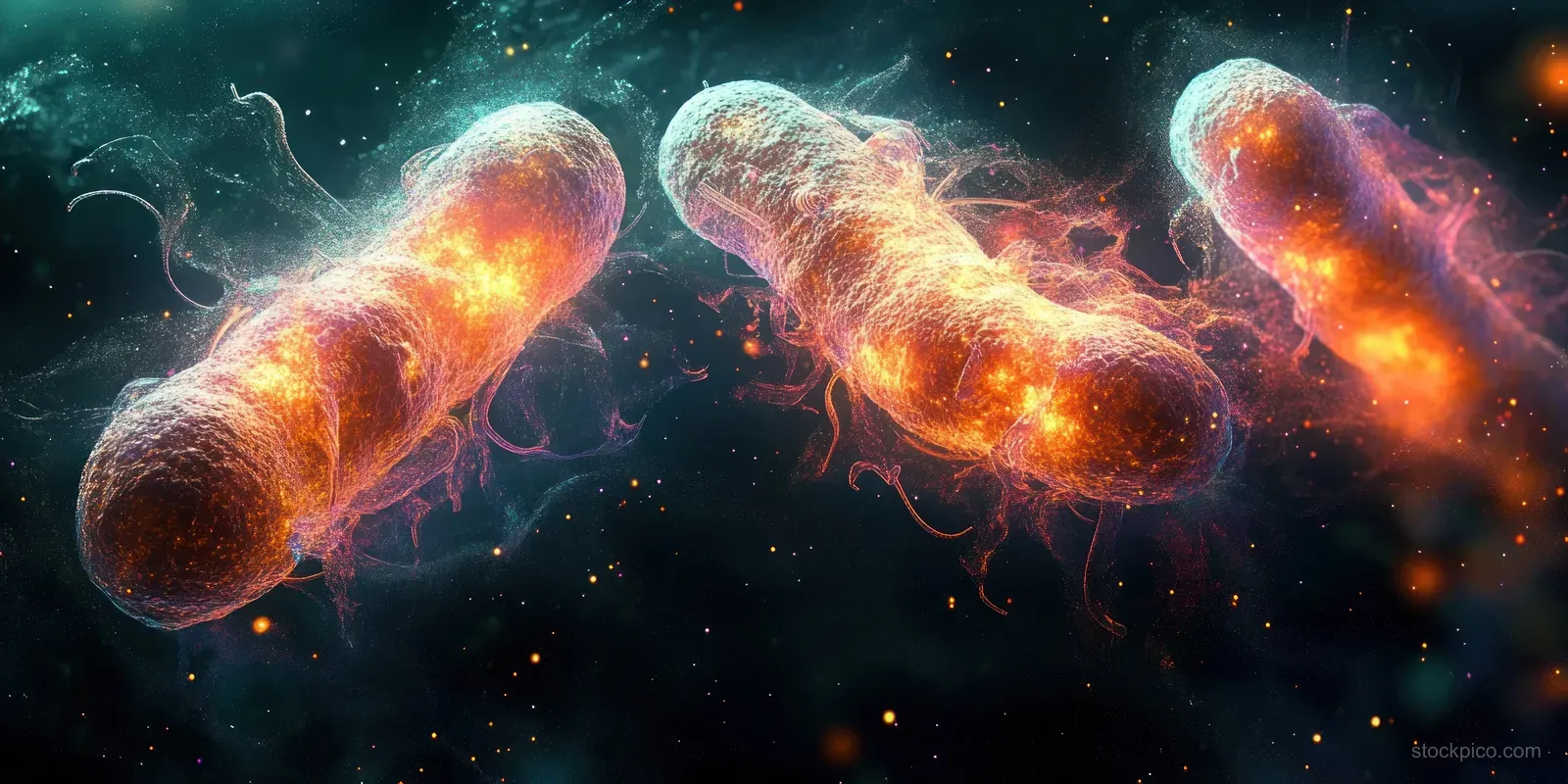 Glowing elongated bacteria with textured surfaces and flagella floating in a dark background.
