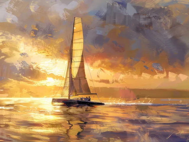 A sailboat crosses the ocean at sunset, its sails catching golden light with reflections on the water.
