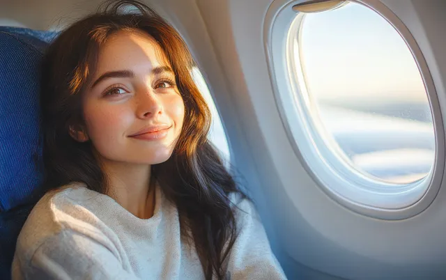 A smiling young woman with long dark hair gazes out an airplane window, illuminated by warm sunlight.