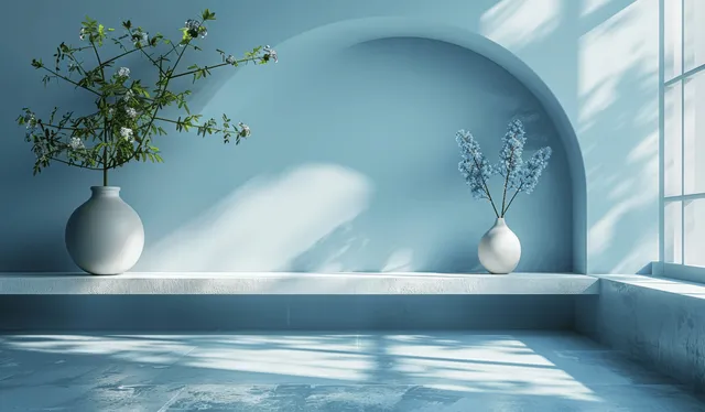 Sunlit blue arched room with two vases on a ledge and soft shadows across a smooth floor.