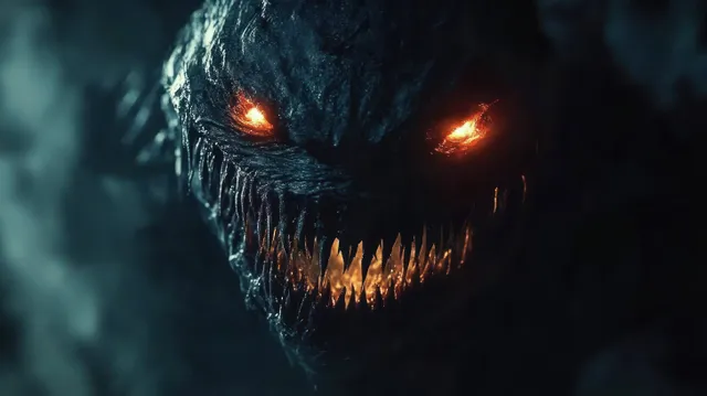 A dark monster lunges from the shadows with glowing orange eyes and jagged teeth bared.