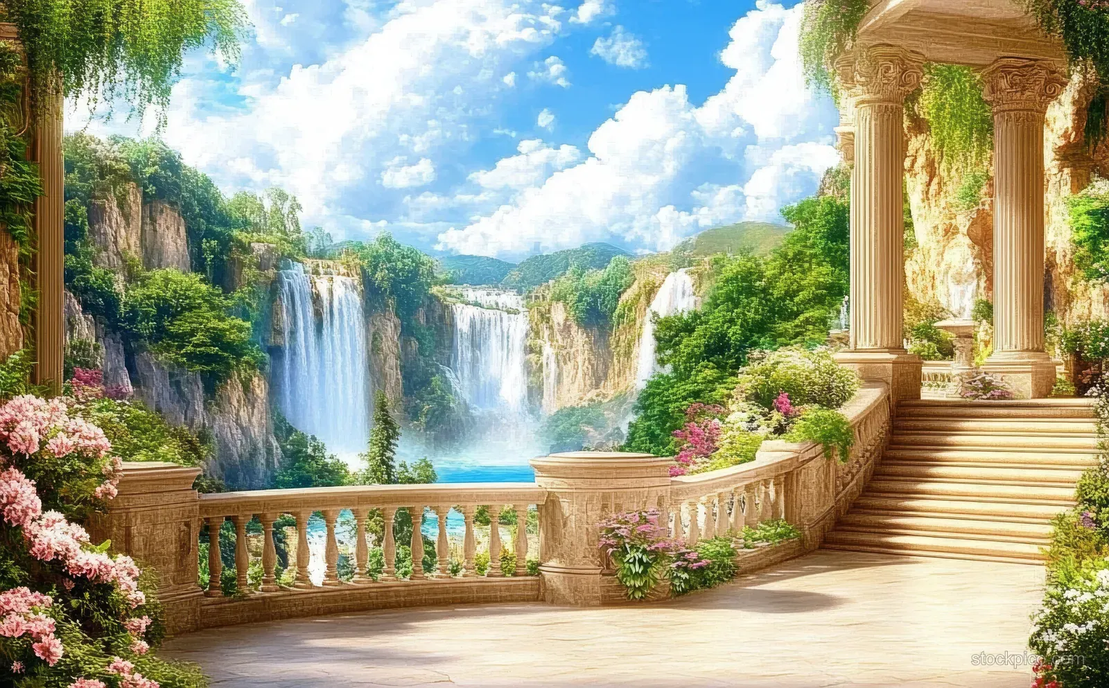 A garden waterfall flows beside a stone staircase and classical columns under a bright cloudy sky.
