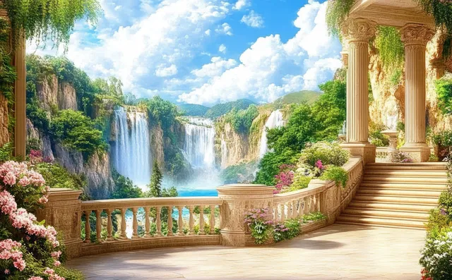A garden waterfall flows beside a stone staircase and classical columns under a bright cloudy sky.