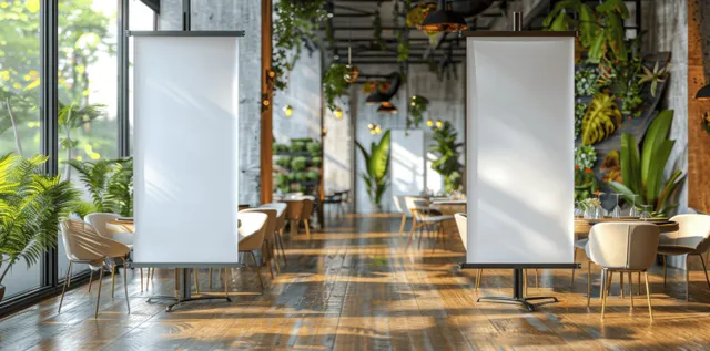 Two blank roll-up banners on stands in a modern restaurant lobby with wooden floor and large windows.