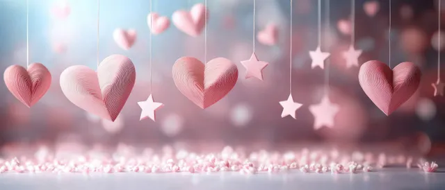 Soft pink paper hearts and stars hang on threads with scattered petals against a blurred pastel background.
