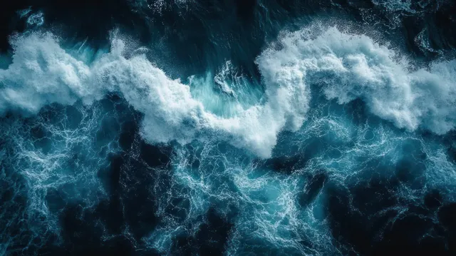 Overhead ocean waves churn dark blue water into bright white foam and bubbles.