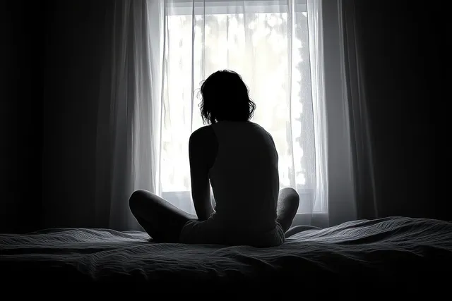 Silhouette seated cross-legged on a bed, backlit by a bright window and sheer curtains