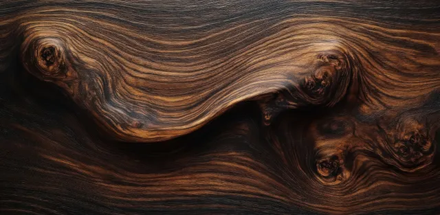 Close-up of dark brown wood grain with swirling lines and visible knots on a textured surface.