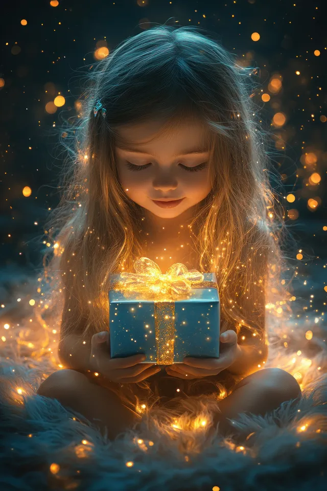 Little girl holding a blue Christmas gift box while warm tree lights glow behind her indoors.