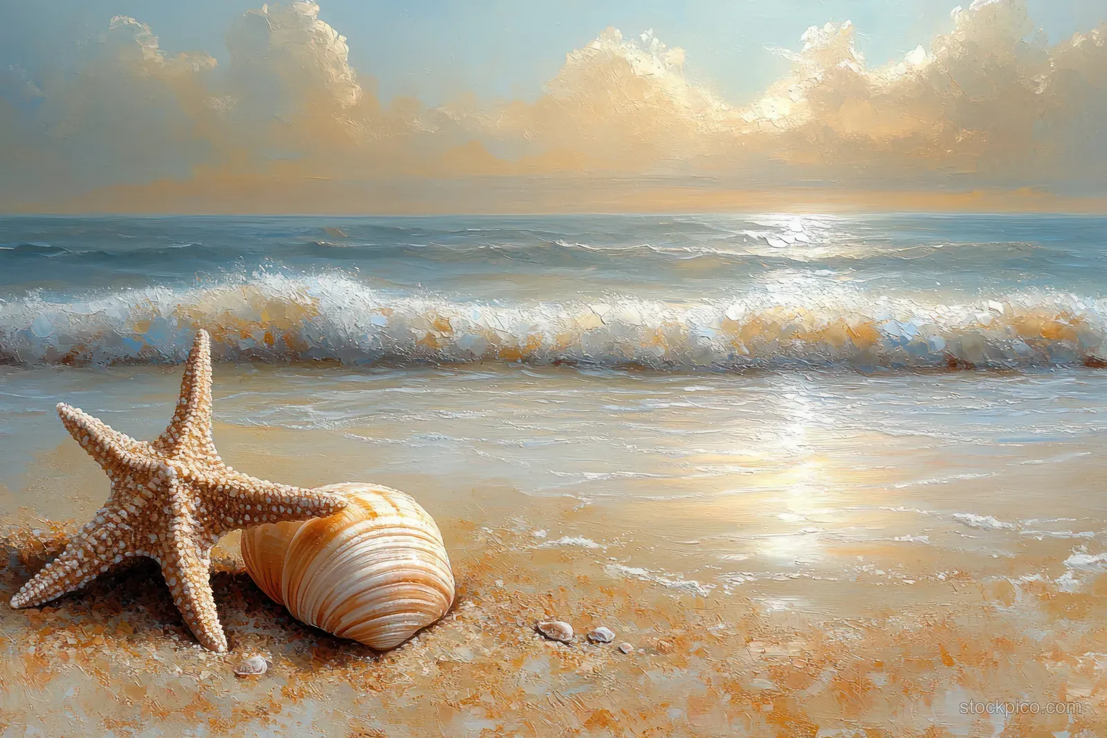 Starfish and seashells lie on tropical sand near the ocean edge with soft golden foam from waves.