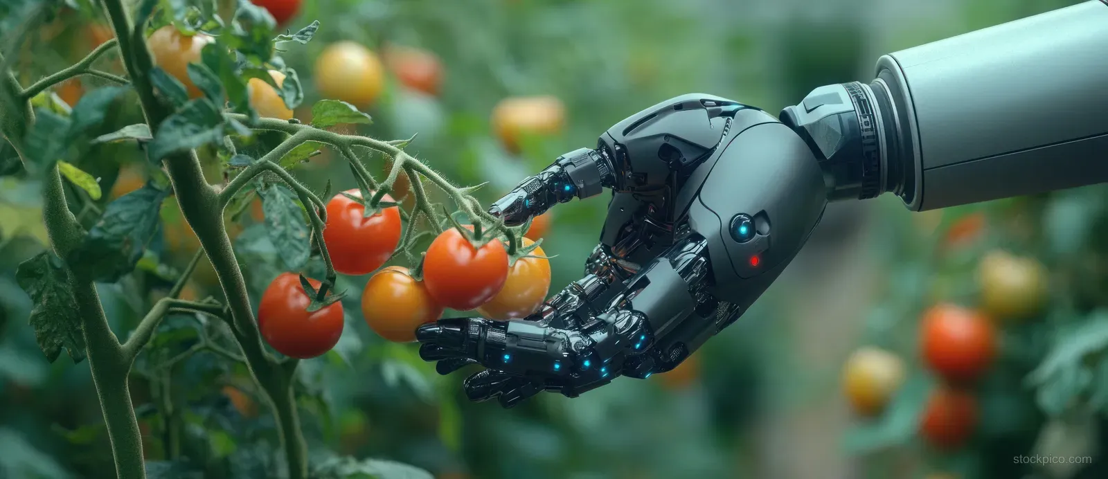 Robotic hand harvesting ripe red tomatoes from green vines inside a greenhouse.