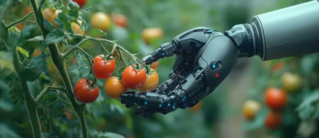 Robotic hand harvesting ripe red tomatoes from green vines inside a greenhouse.
