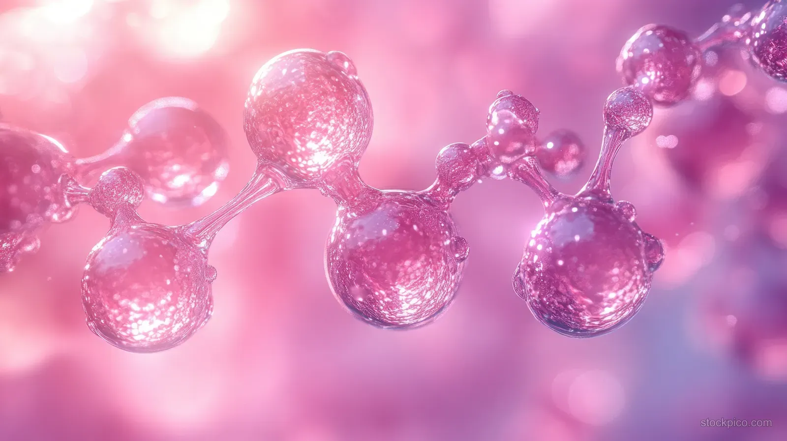 Glossy serum droplets float over a pastel pink vitamin C molecular structure with soft bokeh lights.