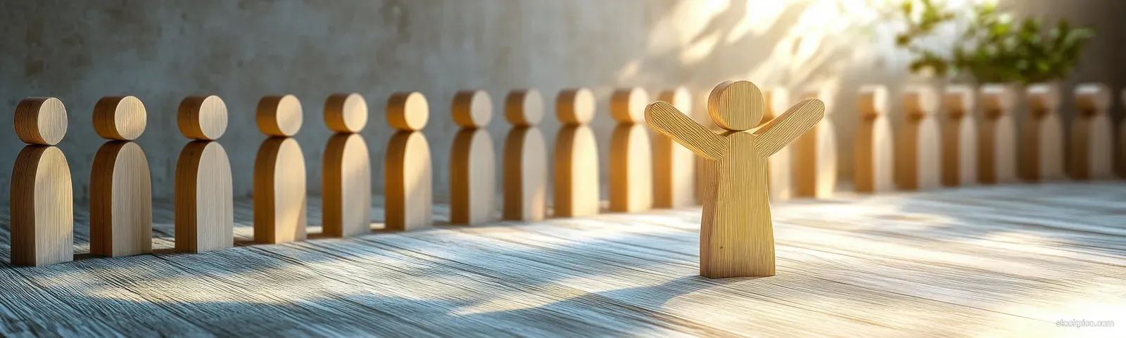 A wooden leader figure stands in front of a row of wooden people under soft neon light in a minimalist room.