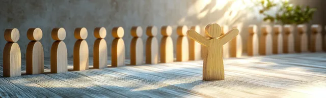 Wooden figure leader stands among selection line in minimalist neon-lit office
