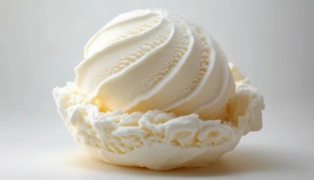 Single scoop of vanilla ice cream with creamy swirls and smooth texture on a white background.