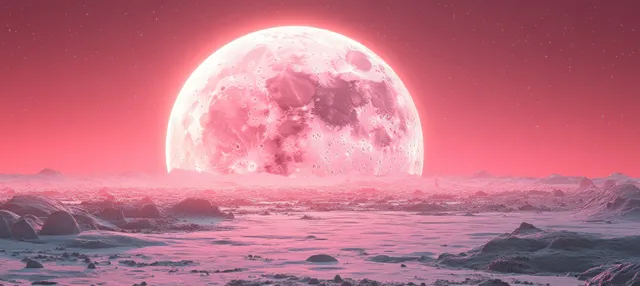 A glowing full moon above a rocky lunar surface, surrounded by a pastel pink sky with soft ambient haze.