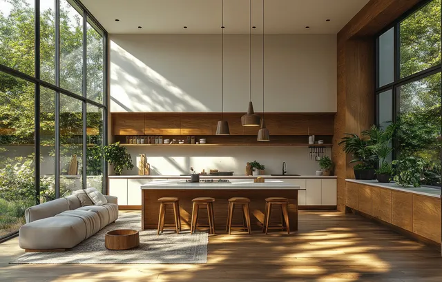 Sunlit Scandinavian kitchen with white cabinets, wood accents, tall windows, and bar stools around a central island.
