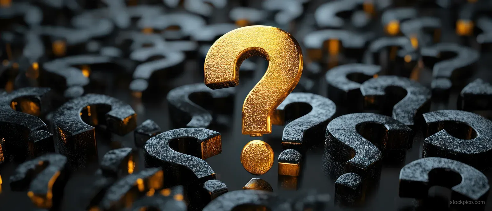 A golden question mark stands among dark symbols with dramatic lighting.