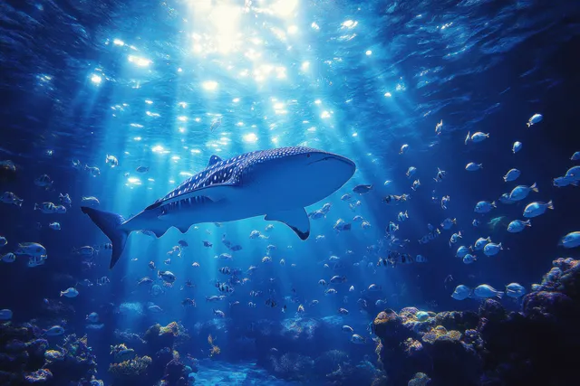 Whale shark gliding through blue water with scattered fish near sunlit tropical reef