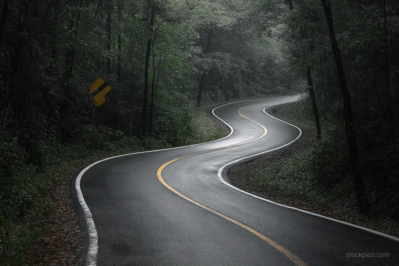 An empty wet asphalt road curves through a dense green forest beside a yellow curve warning sign under overcast skies.