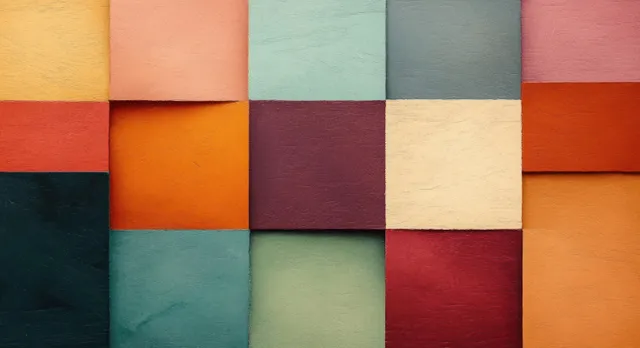 Muted colored wooden blocks stacked in an abstract grid with rough matte surfaces and geometric alignment.