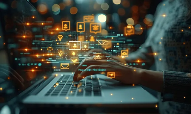 A hand typing on a laptop as glowing email and document approval icons float in a digital network.