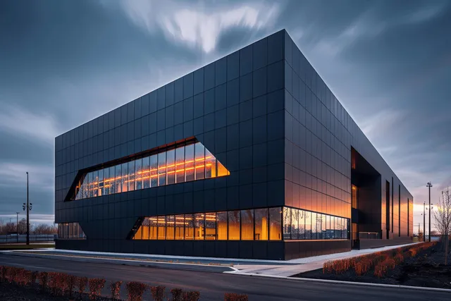 Angular black office warehouse building with glowing windows at dusk under an overcast sky.