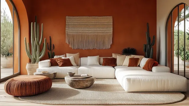 Cozy living room with white sectional sofa, rust wall, arched windows, cacti
