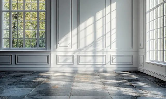 Empty sunlit room with white crown molding, large windows, and window-cast shadows on a dark tiled floor.