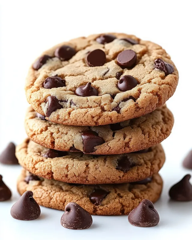 Stack of chocolate chip cookies isolated on a white background with scattered chocolate pieces.