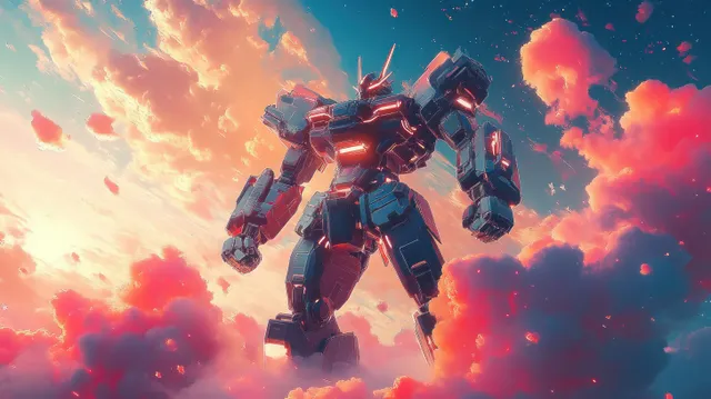 Anime robot warrior poses in a fiery sci‑fi sky with glowing clouds and energy particles.